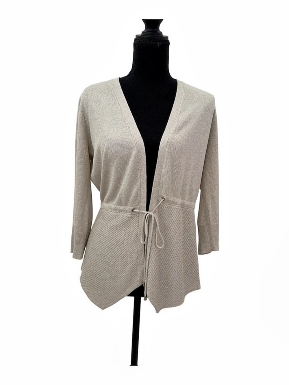 White House Black Market Metallic Ribbed Belted Cardigan Beige Small